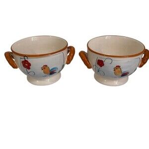 Vintage California Pantry Rooster Soup Bowls Footed Double Handle Set Cream